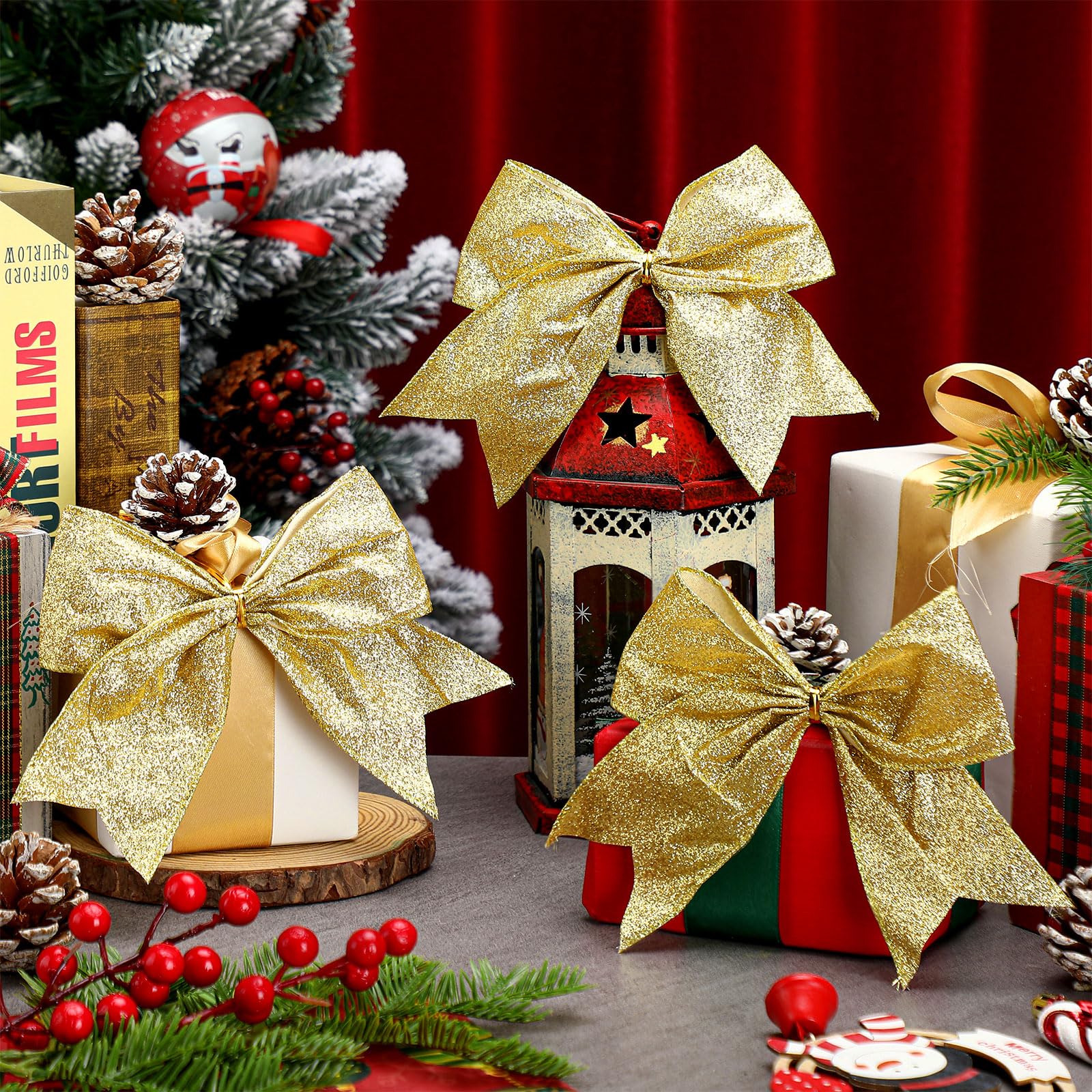 Cindeer 24 Pcs Gold Christmas Bow Decorations 6 Inch, Glitter Holiday Bows with Sequin Ties for Xmas Tree, Halloween, Wreath, DI